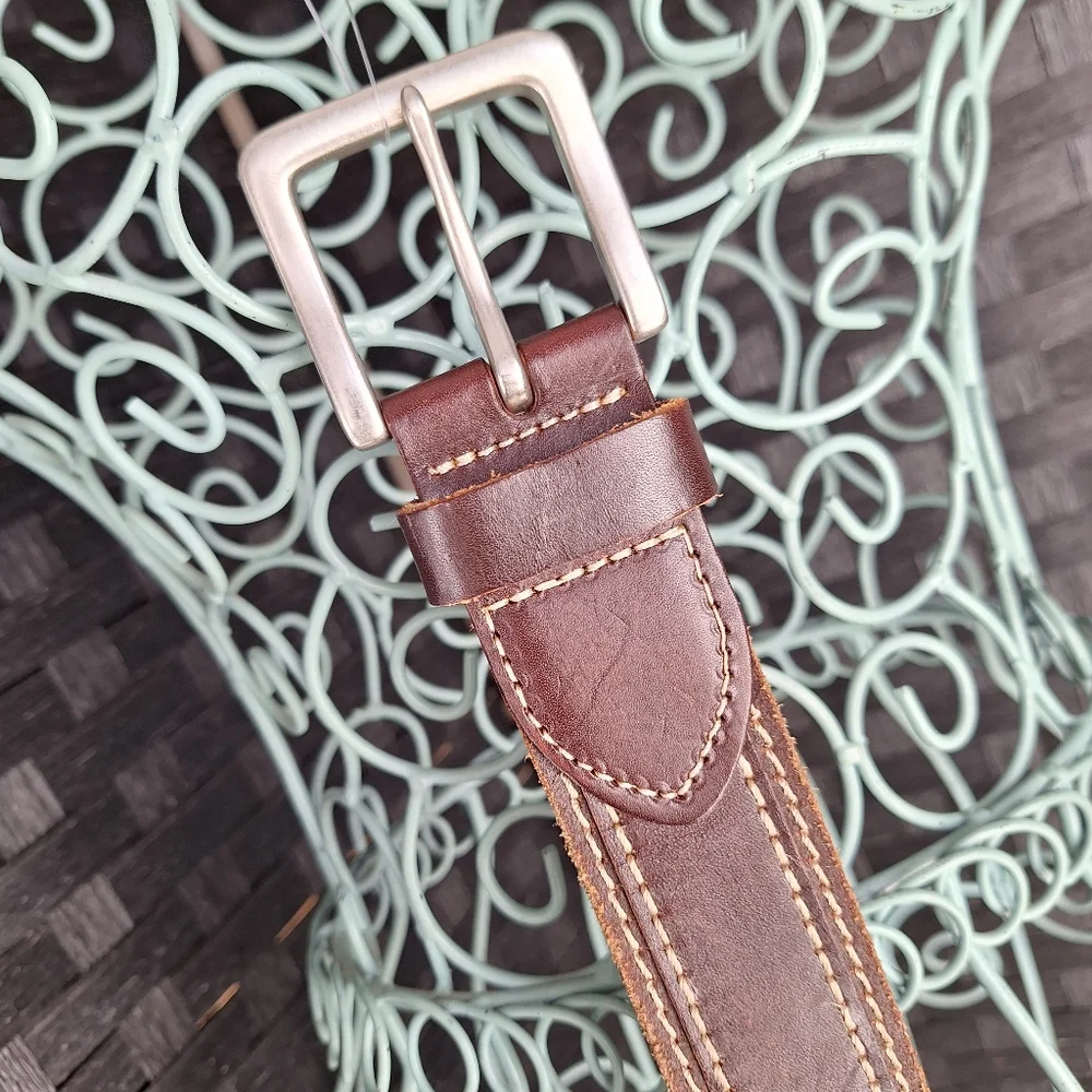 Genuine Leather Belt Wide Western Cowboy Metal Belt Buckle Thick Boho Casual 34 - Picture 8 of 15